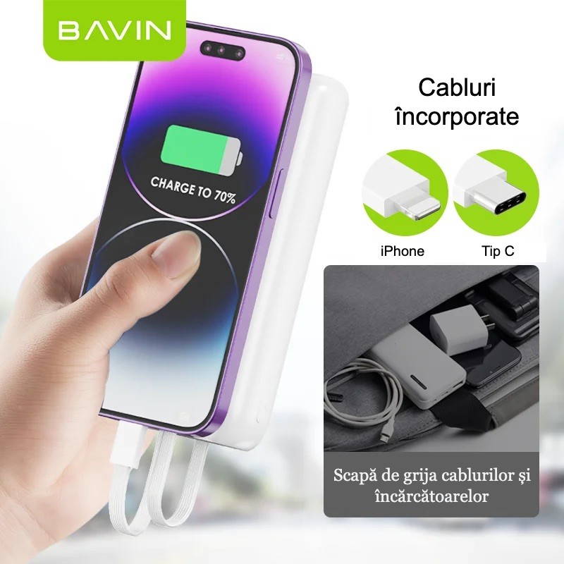 Baterie externă LUMAUDiO Bavin, capacitate 20.000 mAh, cu încărcare fast charge 22.5W, 2 cabluri încorporate, compatibilitate universală