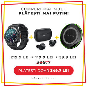 Pachet CADOU LUMAUDiO, Smartwatch Rugged + Casti Bluetooth Wireless Gravity + Incarcator Wireless Limitless