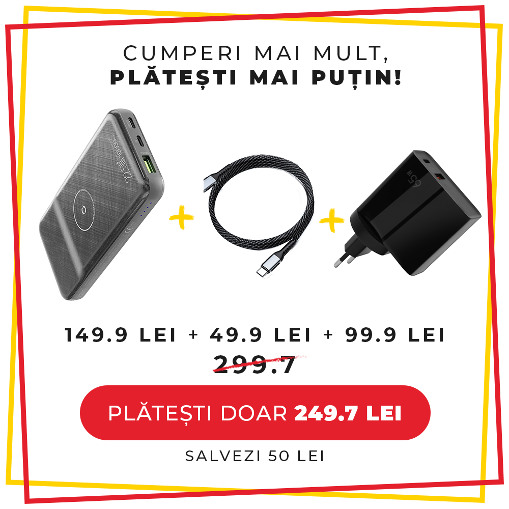 Pachet PROMO LUMAUDiO, Baterie externa Magnetic Power, 10.000 mAh  + Cablu USB 100W Tip C + Incarcator Flash 65W