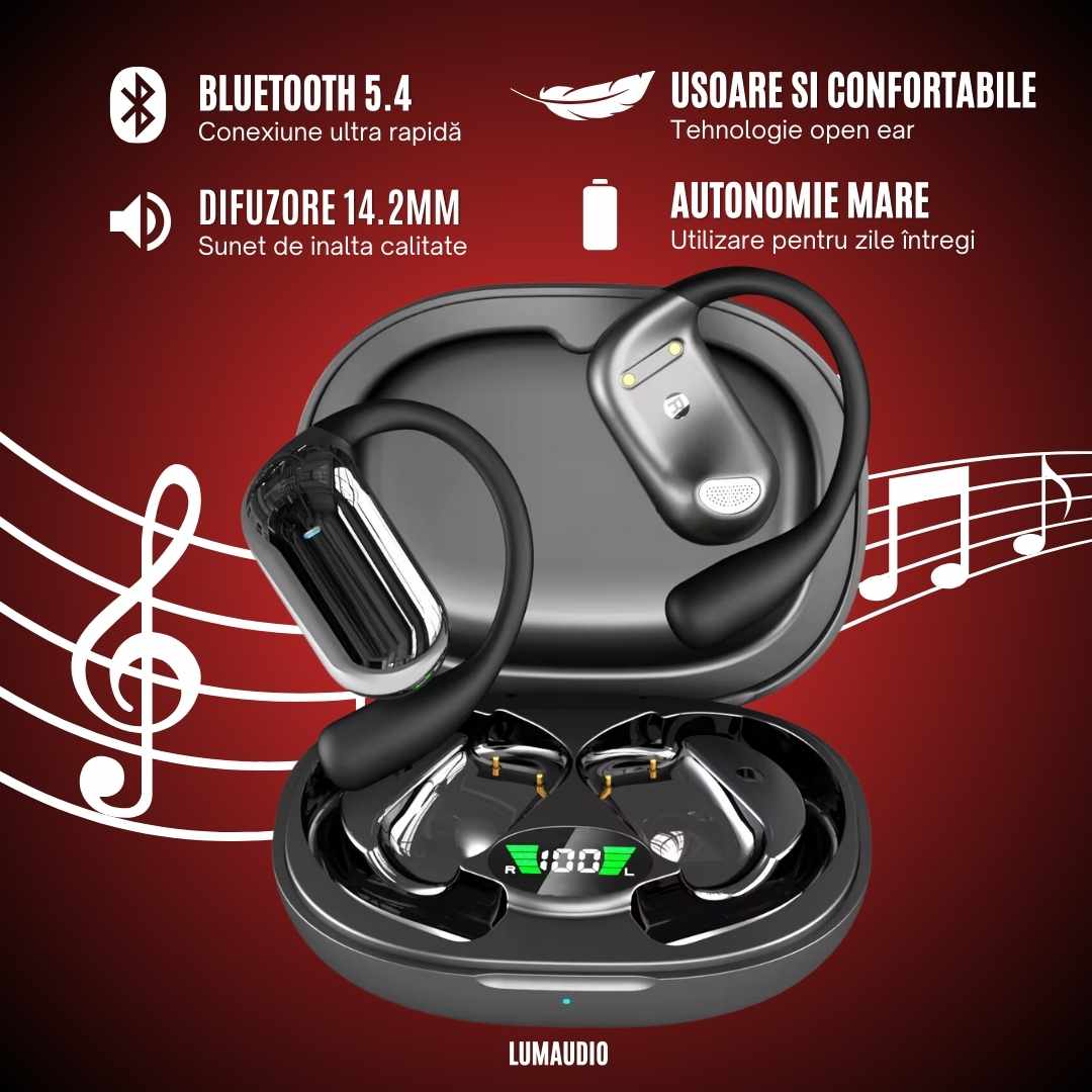 Casti Bluetooth Wireless LUMAUDiO® Escape cu Tehnologie Opean Ear si Bluetooth 5.4