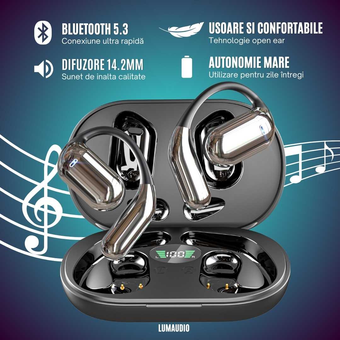 Casti Bluetooth Wireless LUMAUDiO® Airo cu Tehnologie Opean Ear si Bluetooth 5.4