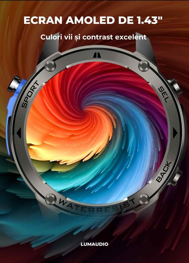 Ceas Smartwatch barbati LUMAUDiO® Tank, Rezistent la inot, GPS performant, Ecran AMOLED