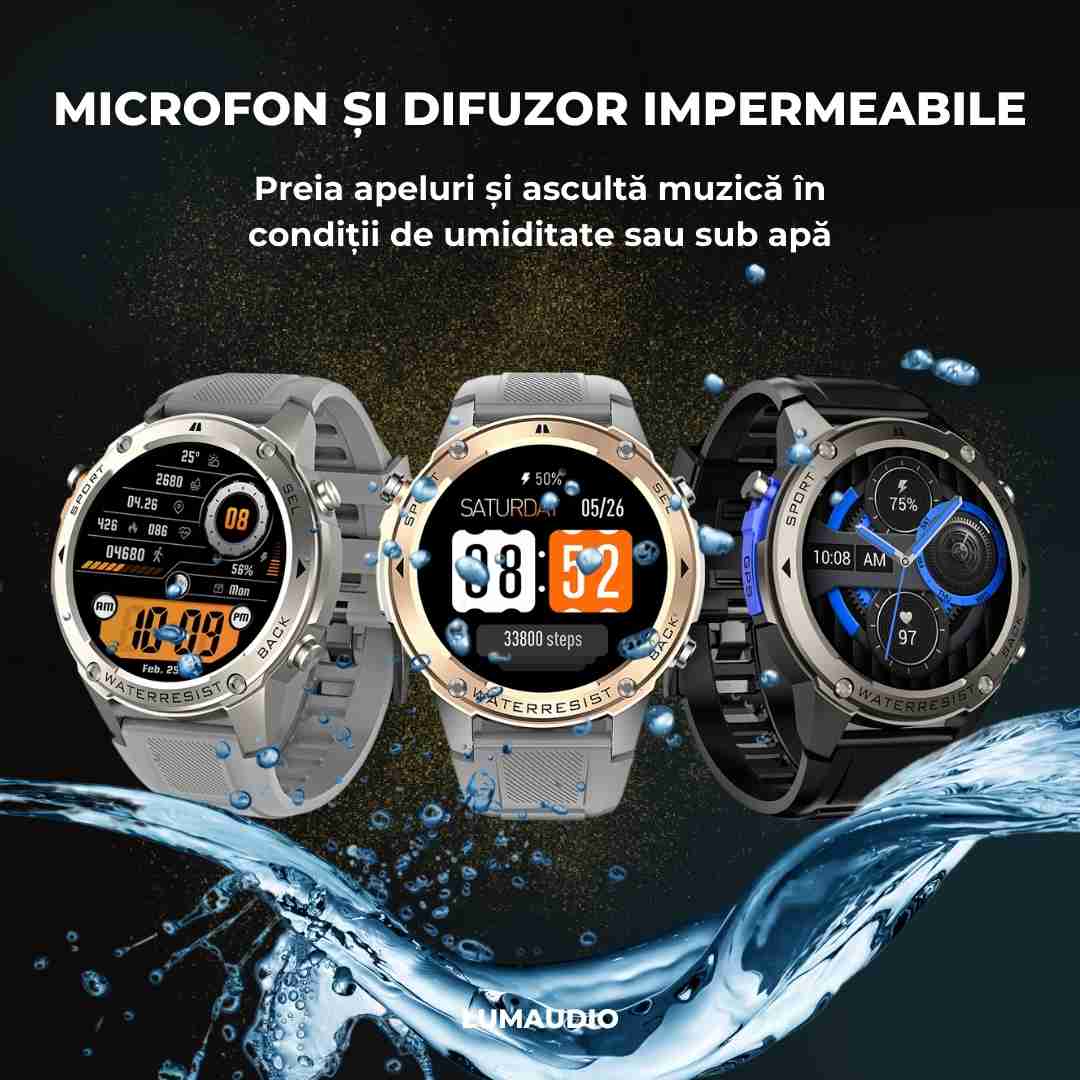 Ceas Smartwatch barbati LUMAUDiO® Tank, Rezistent la inot, GPS performant, microfon HD