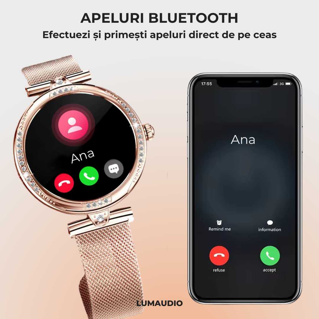 Ceas Smartwatch dama LUMAUDiO® Infinity, autonomie 7 zile, 2 curele, auriu si roz