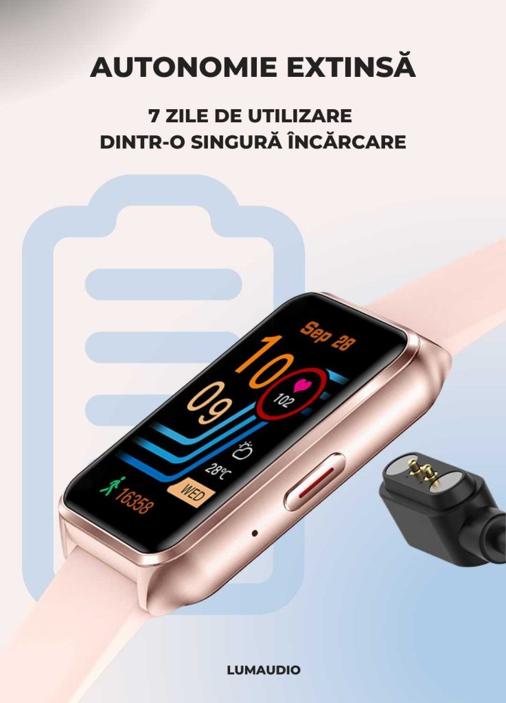 Smartwatch LUMAUDiO® Evora cu Autonomie 7 zile și Notificari retele sociale, 2 curele, monitorizare somn