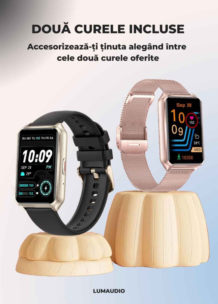 Smartwatch LUMAUDiO® Evora cu Autonomie 7 zile și Notificari retele sociale, 2 curele,