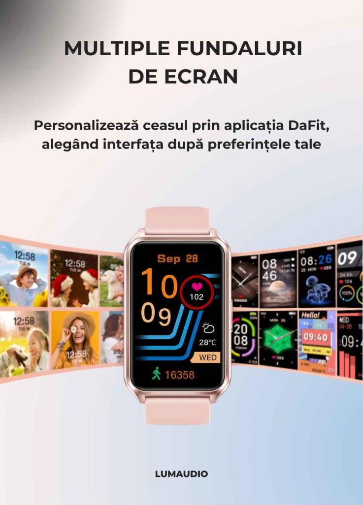 Smartwatch LUMAUDiO® Evora cu Autonomie 7 zile și Notificari retele sociale, 2 curele, fete ceas