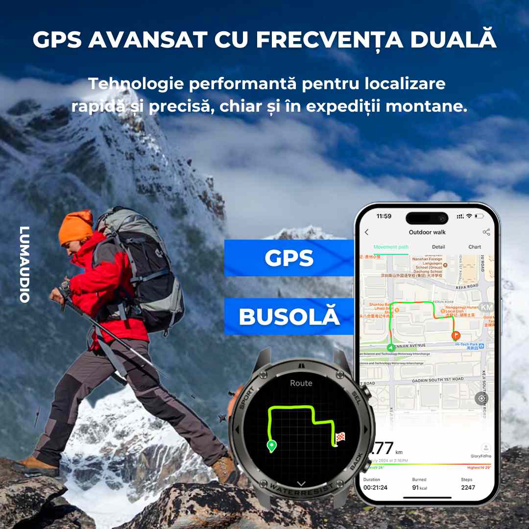 Ceas Smartwatch barbati LUMAUDiO® Tank, Rezistent la inot, GPS performant