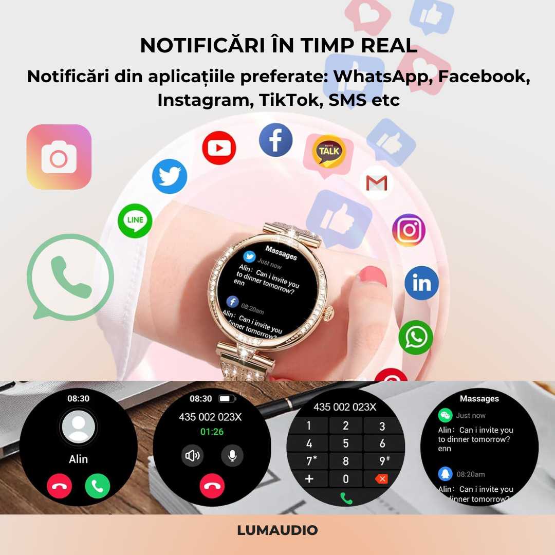 Ceas Smartwatch dama LUMAUDiO® Infinity, autonomie 7 zile, 2 curele