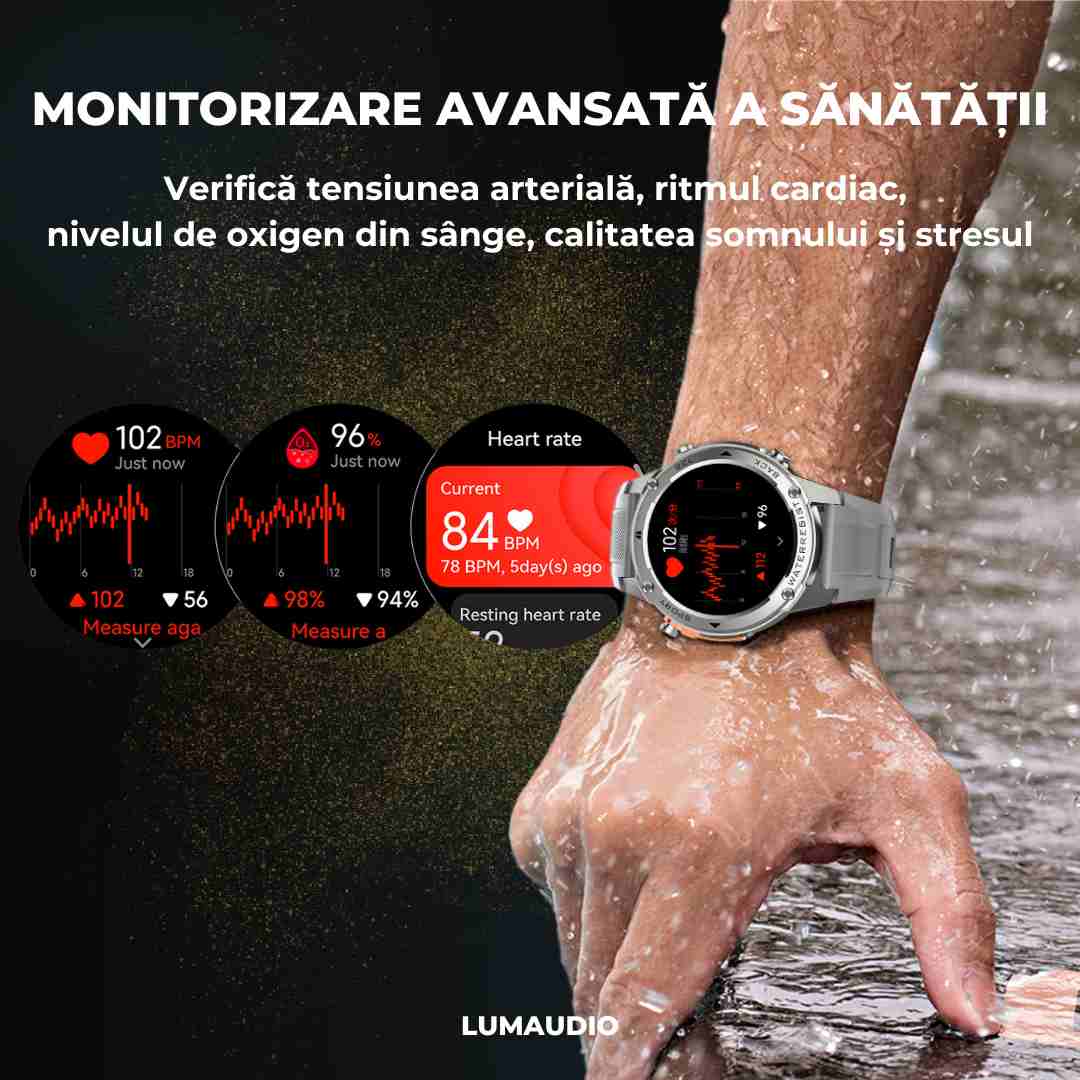 Ceas Smartwatch barbati LUMAUDiO® Tank, Rezistent la inot, GPS performant, monitorizare avansata a sanatatii