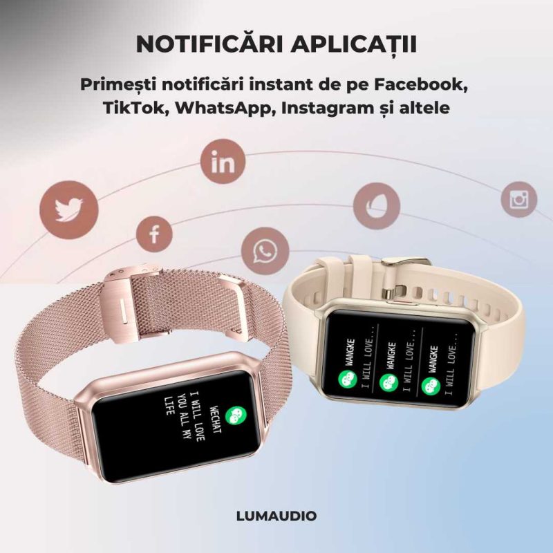 Smartwatch LUMAUDiO® Evora cu Autonomie 7 zile și Notificari retele sociale, 2 curele, monitorizare somn