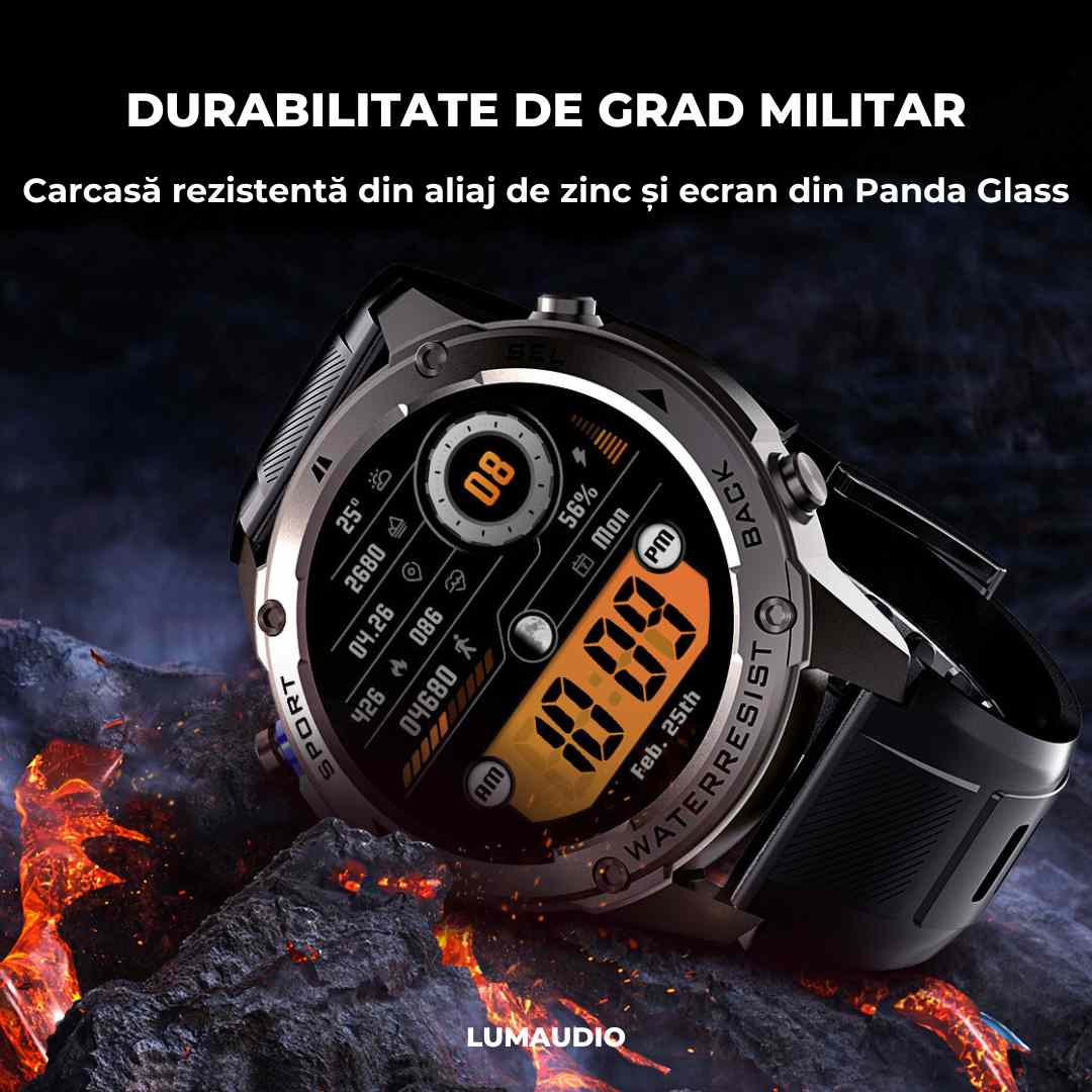 Ceas Smartwatch barbati LUMAUDiO® Tank, Rezistent la inot, GPS performant, durabilitate inalta