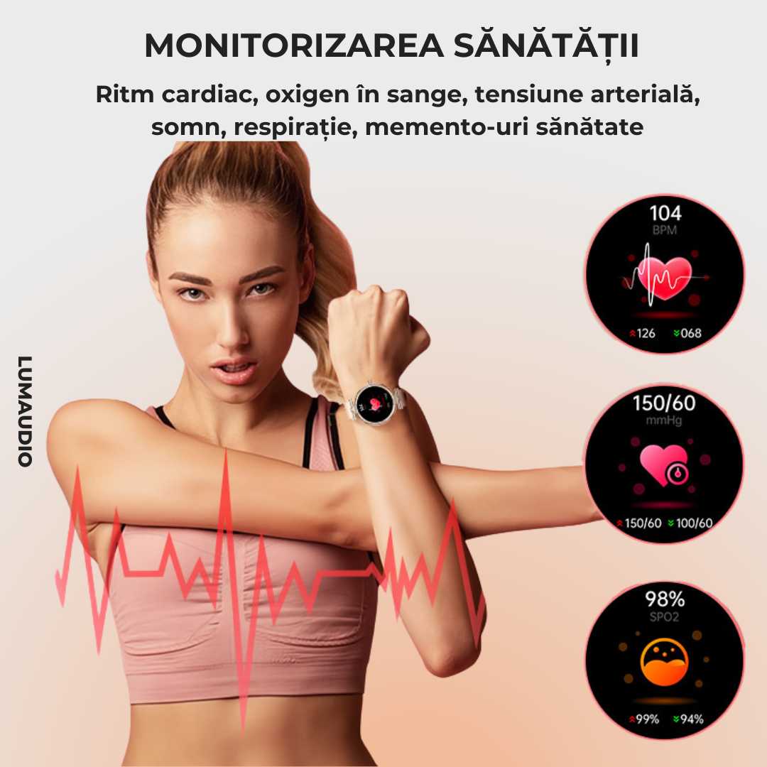 Ceas Smartwatch dama LUMAUDiO® Infinity, autonomie 7 zile, 2 curele, monitorizare sanatate