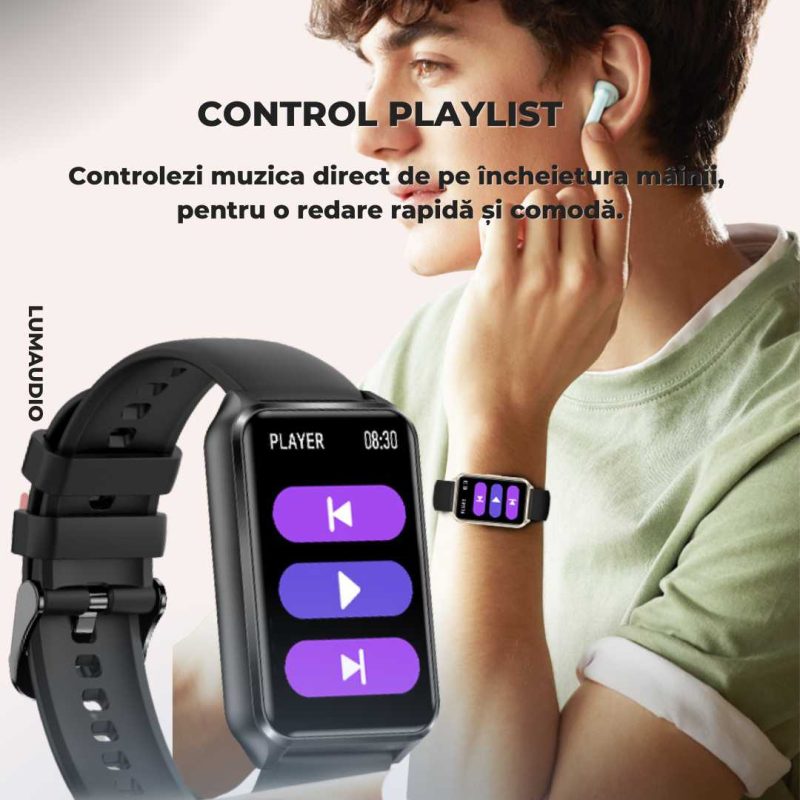 Smartwatch LUMAUDiO® Evora cu Autonomie 7 zile și Notificari retele sociale, 2 curele, monitorizare somn