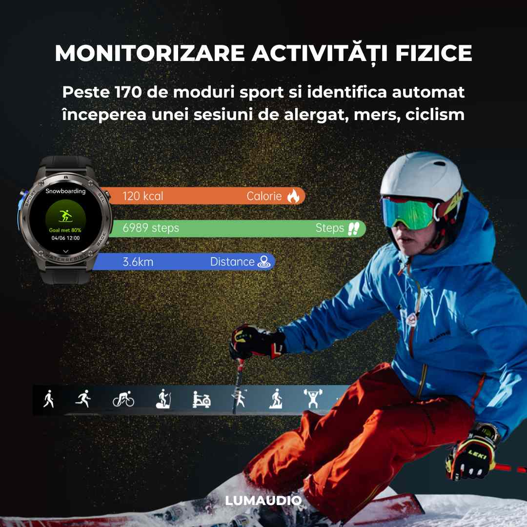 Ceas Smartwatch barbati LUMAUDiO® Tank, Rezistent la inot, GPS performant, multiple moduri sport