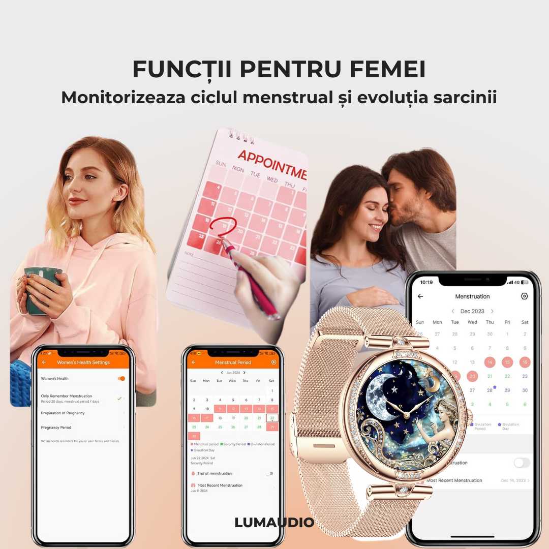 Ceas Smartwatch dama LUMAUDiO® Infinity, autonomie 7 zile, 2 curele