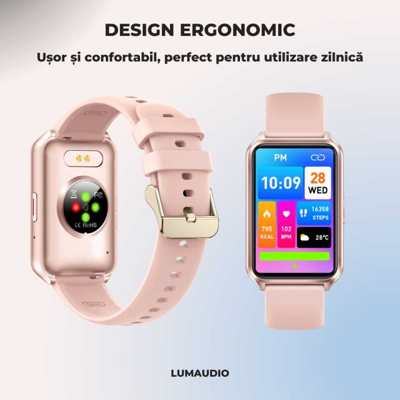 Smartwatch LUMAUDiO® Evora cu Autonomie 7 zile și Notificari retele sociale, 2 curele, monitorizare somn