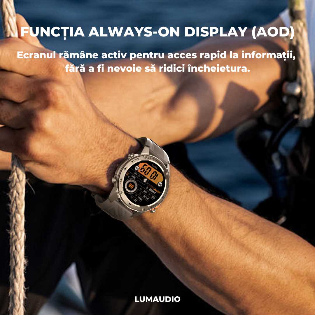 Ceas Smartwatch barbati LUMAUDiO® Tank, Rezistent la inot, GPS performant, Always on Display