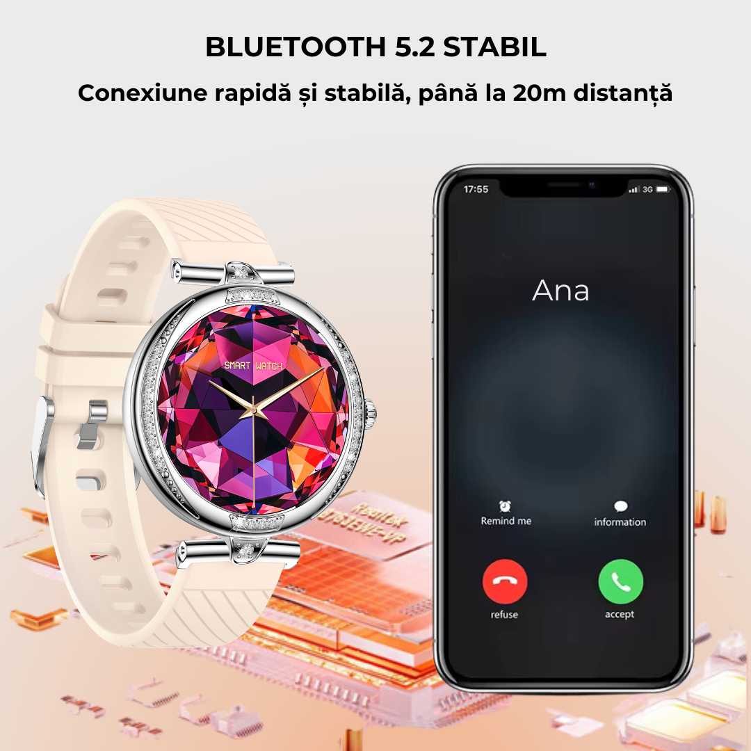 Ceas Smartwatch dama LUMAUDiO® Infinity, autonomie 7 zile, 2 curele, apeluri Bluetooth