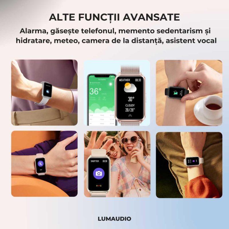 Smartwatch LUMAUDiO® Evora cu Autonomie 7 zile și Notificari retele sociale, 2 curele, monitorizare somn