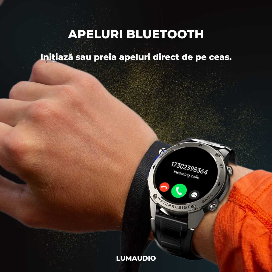 Ceas Smartwatch barbati LUMAUDiO® Tank, Rezistent la inot, GPS performant, apeluri bluetooth