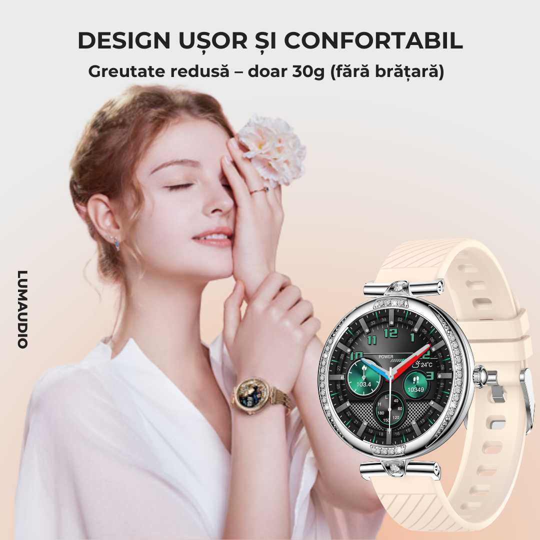 Ceas Smartwatch dama LUMAUDiO® Infinity, autonomie 7 zile, 2 curele, design usor