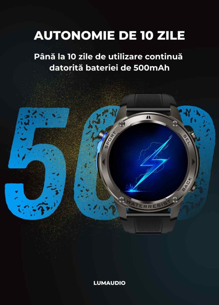Ceas Smartwatch barbati LUMAUDiO® Tank, Rezistent la inot, GPS performant, Autonomie mare