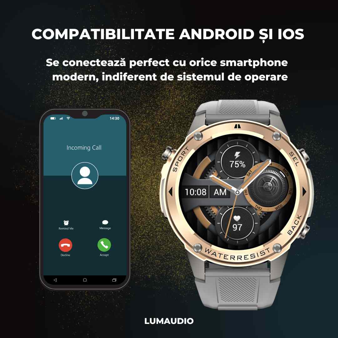 Ceas Smartwatch barbati LUMAUDiO® Tank, Rezistent la inot, GPS performant, compatibilitate universala
