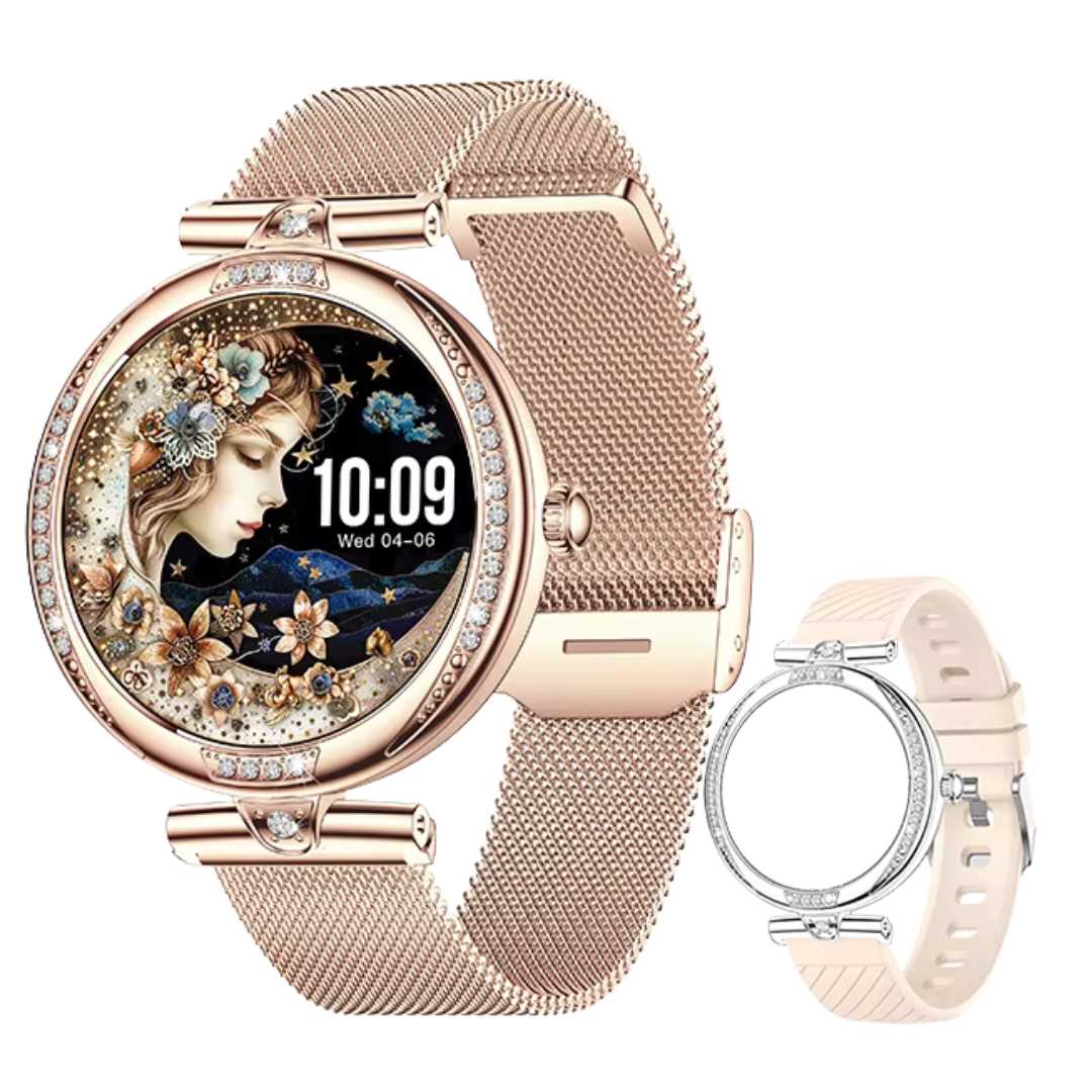 Ceas Smartwatch dama LUMAUDiO® Infinity, autonomie 7 zile, 2 curele, auriu si roz