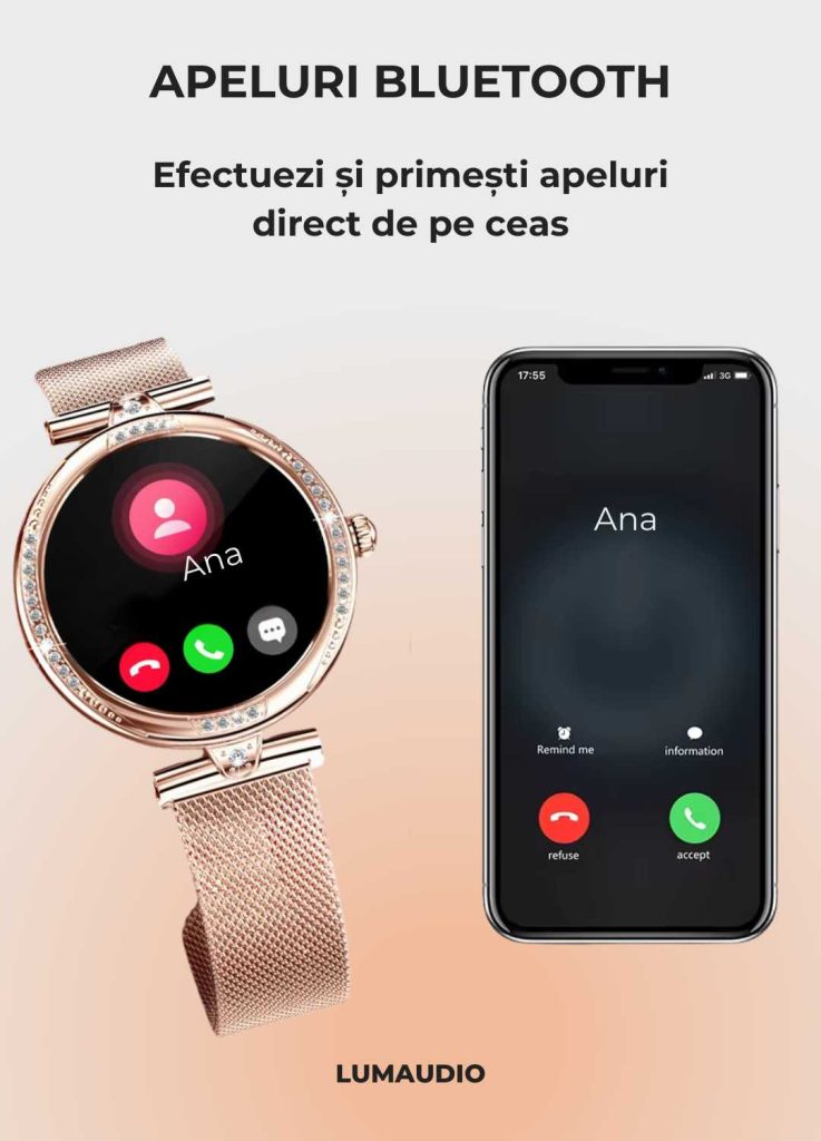 Ceas Smartwatch dama LUMAUDiO® Infinity, autonomie 5 zile, 2 curele
