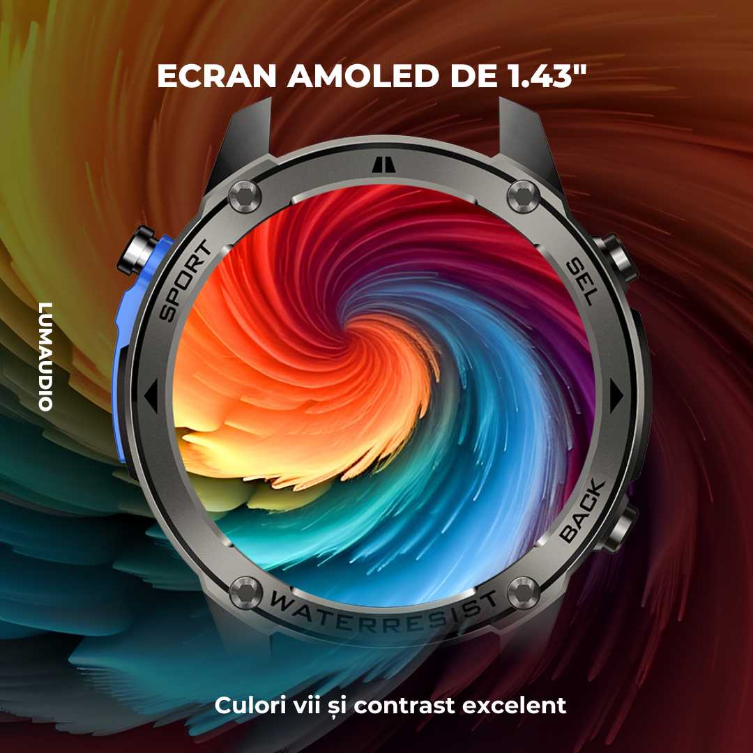 Ceas Smartwatch barbati LUMAUDiO® Tank, Rezistent la inot, GPS performant, Ecran AMOLED 1.43"