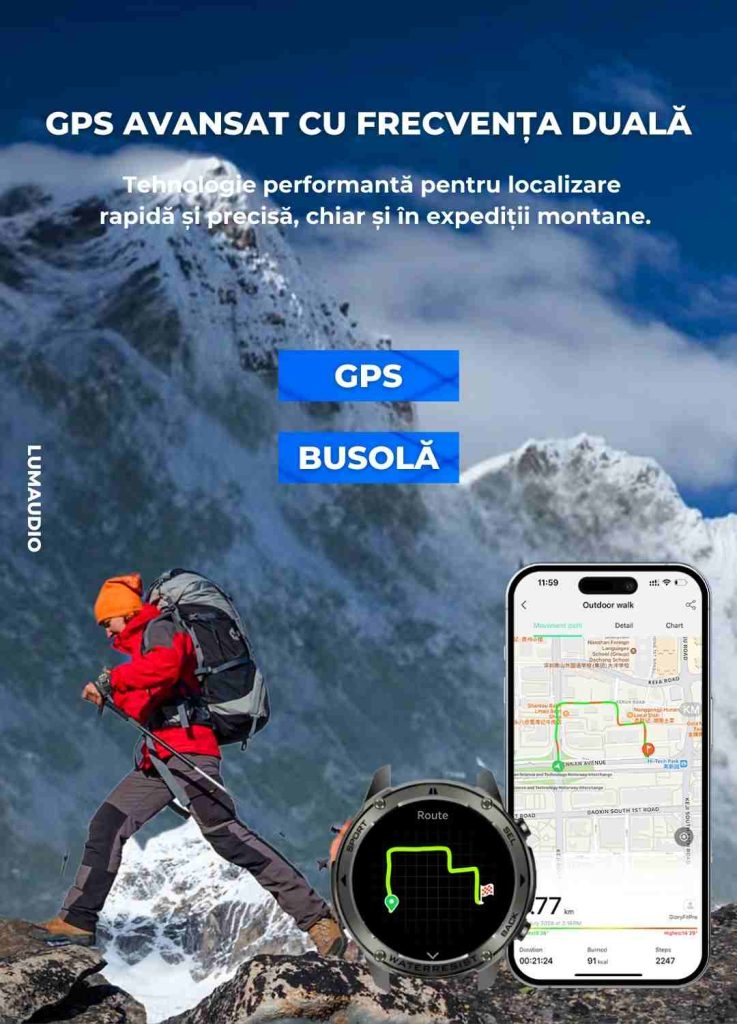 Ceas Smartwatch barbati LUMAUDiO® Tank, Rezistent la inot, GPS performant, GPS performant