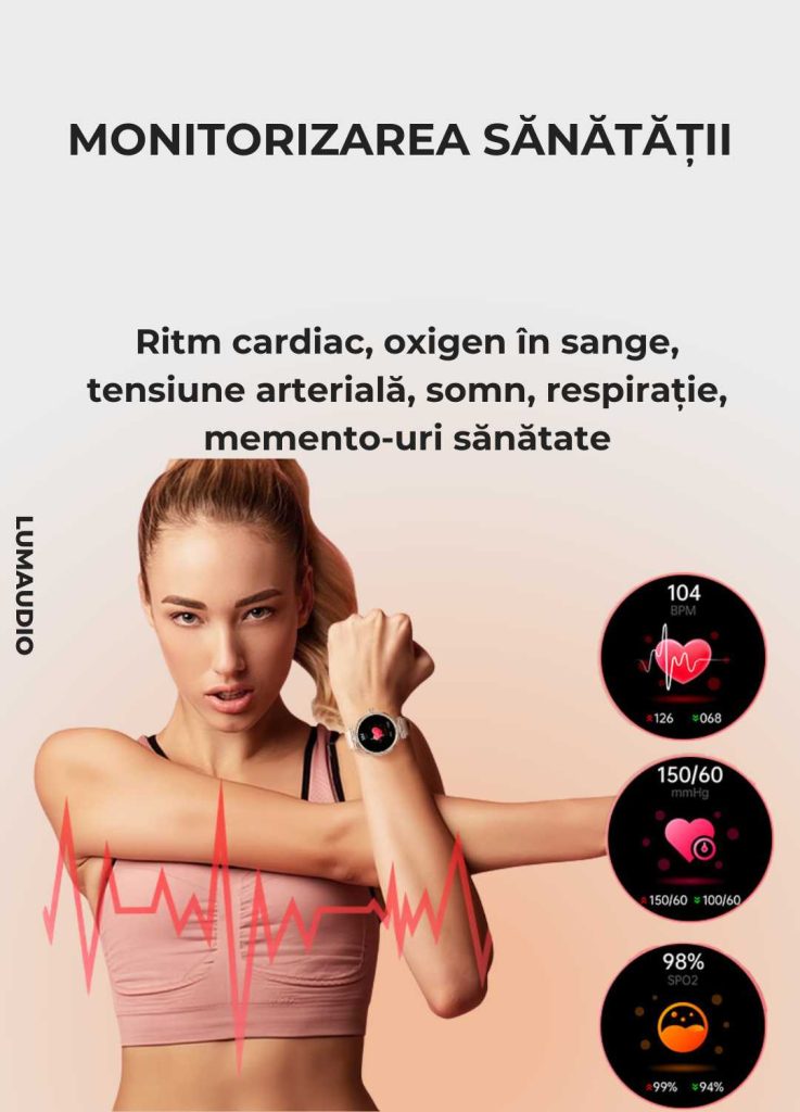 Ceas Smartwatch dama LUMAUDiO® Infinity, autonomie 5 zile, 2 curele