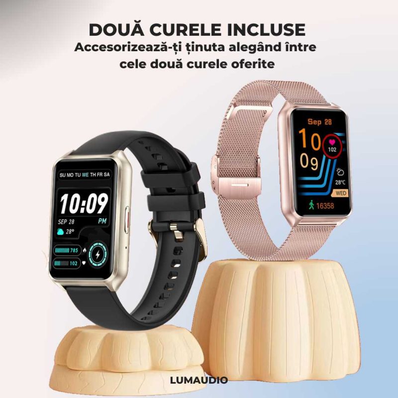 Smartwatch LUMAUDiO® Evora cu Autonomie 7 zile și Notificari retele sociale, 2 curele, monitorizare somn