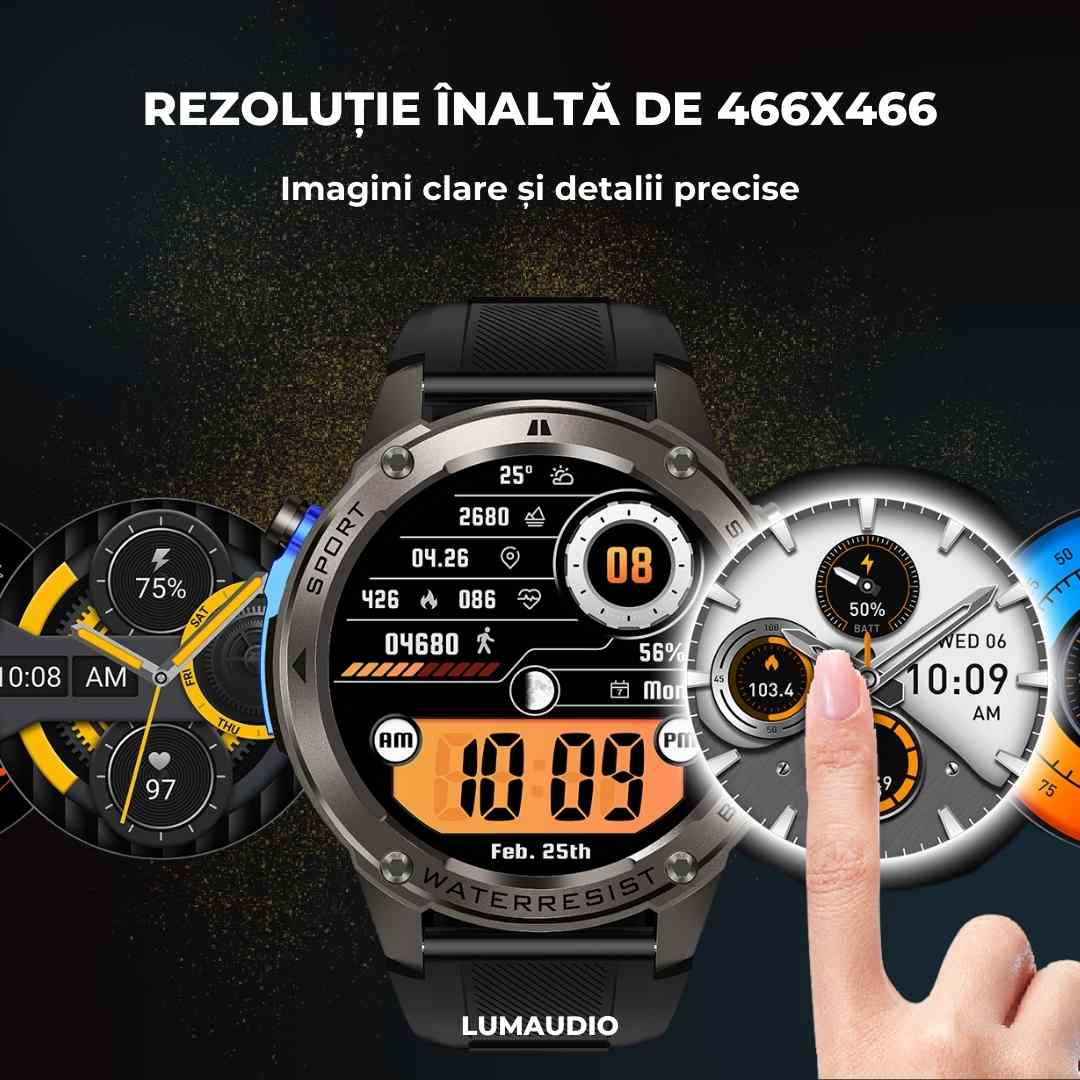 Ceas Smartwatch barbati LUMAUDiO® Tank, Rezistent la inot, GPS performant, rezolutie inalta