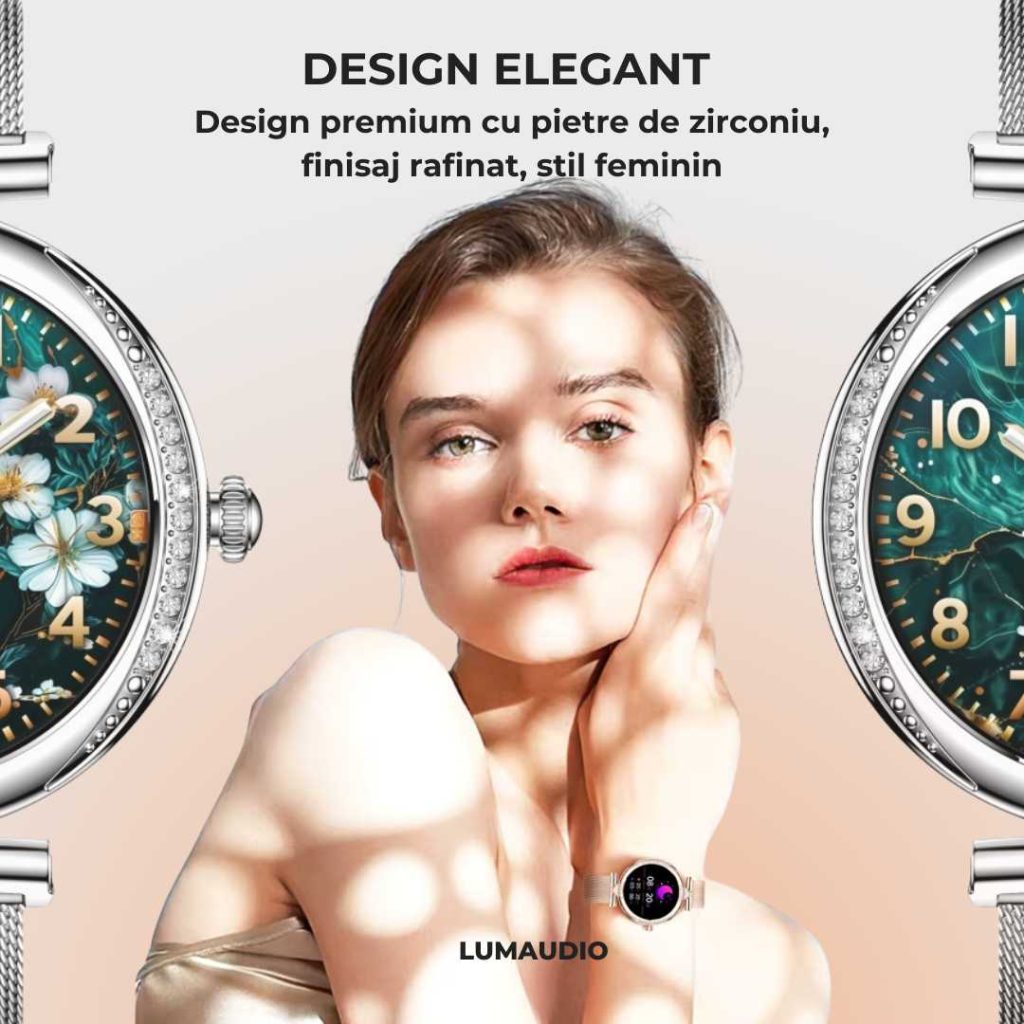Ceas Smartwatch dama LUMAUDiO® Infinity, autonomie 7 zile, 2 curele, auriu si roz