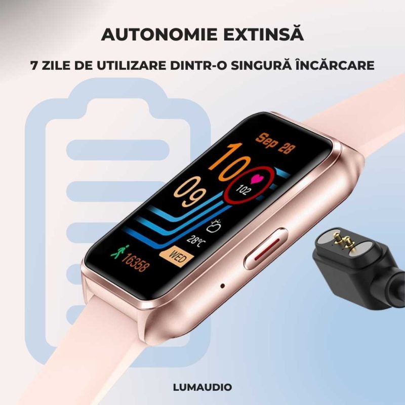 Smartwatch LUMAUDiO® Evora cu Autonomie 7 zile și Notificari retele sociale, 2 curele, monitorizare somn