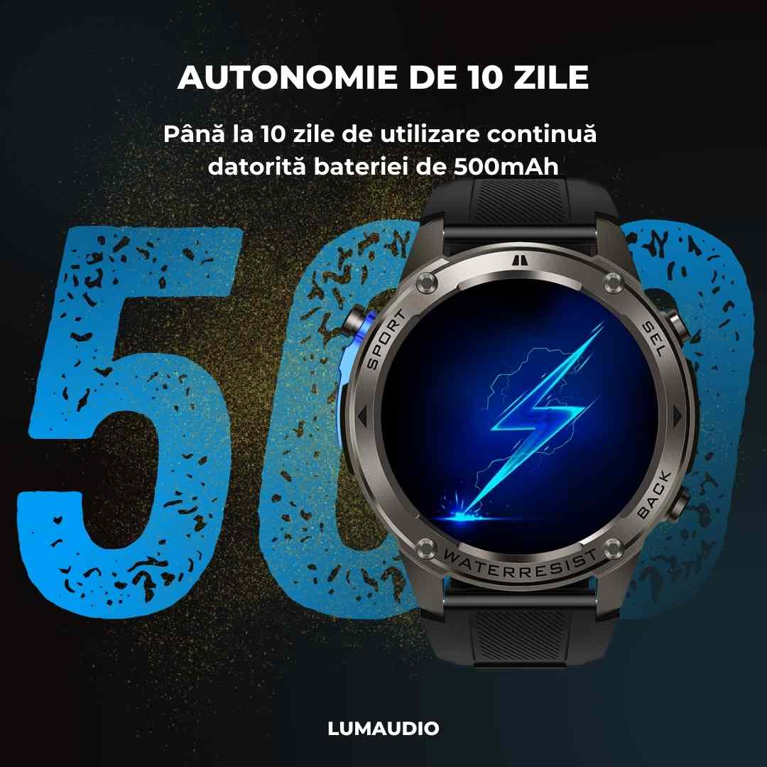 Ceas Smartwatch barbati LUMAUDiO® Tank, Rezistent la inot, GPS performant, autonomie mare