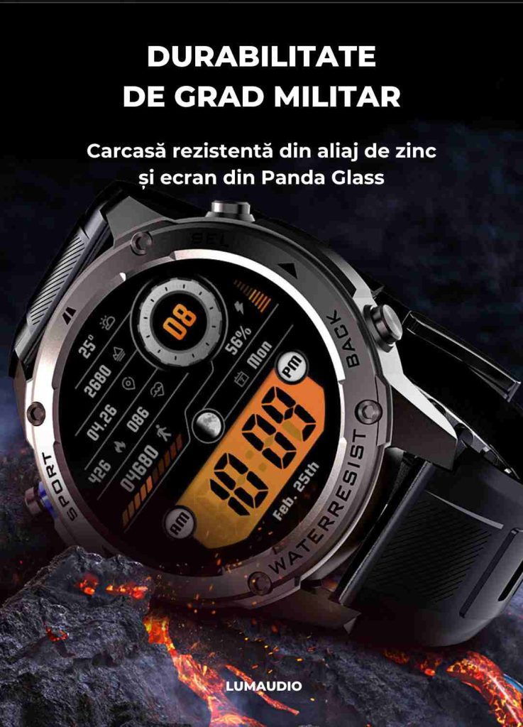 Ceas Smartwatch barbati LUMAUDiO® Tank, Rezistent la inot, GPS performant, durabilitate inalta