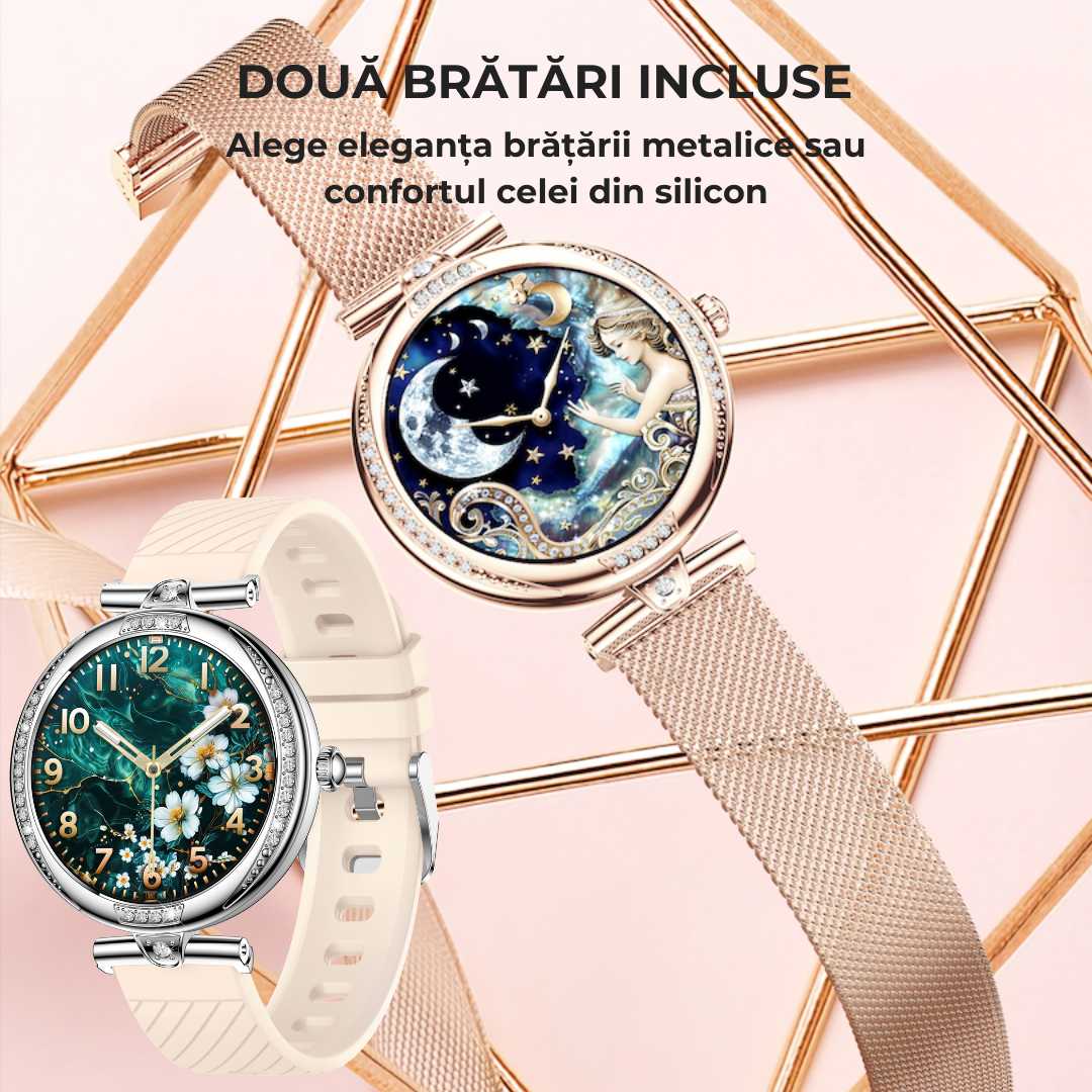 Ceas Smartwatch dama LUMAUDiO® Infinity, autonomie 7 zile, 2 curele, auriu si roz