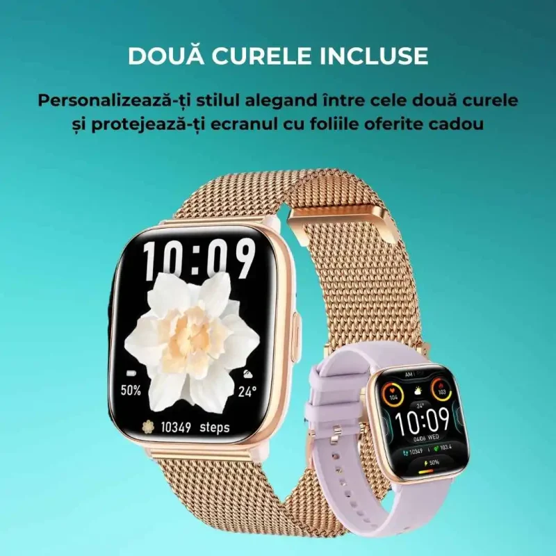 Ceas Smartwatch dama LUMAUDiO® Quantum, Autonomie de 7 zile, 2 curele incluse