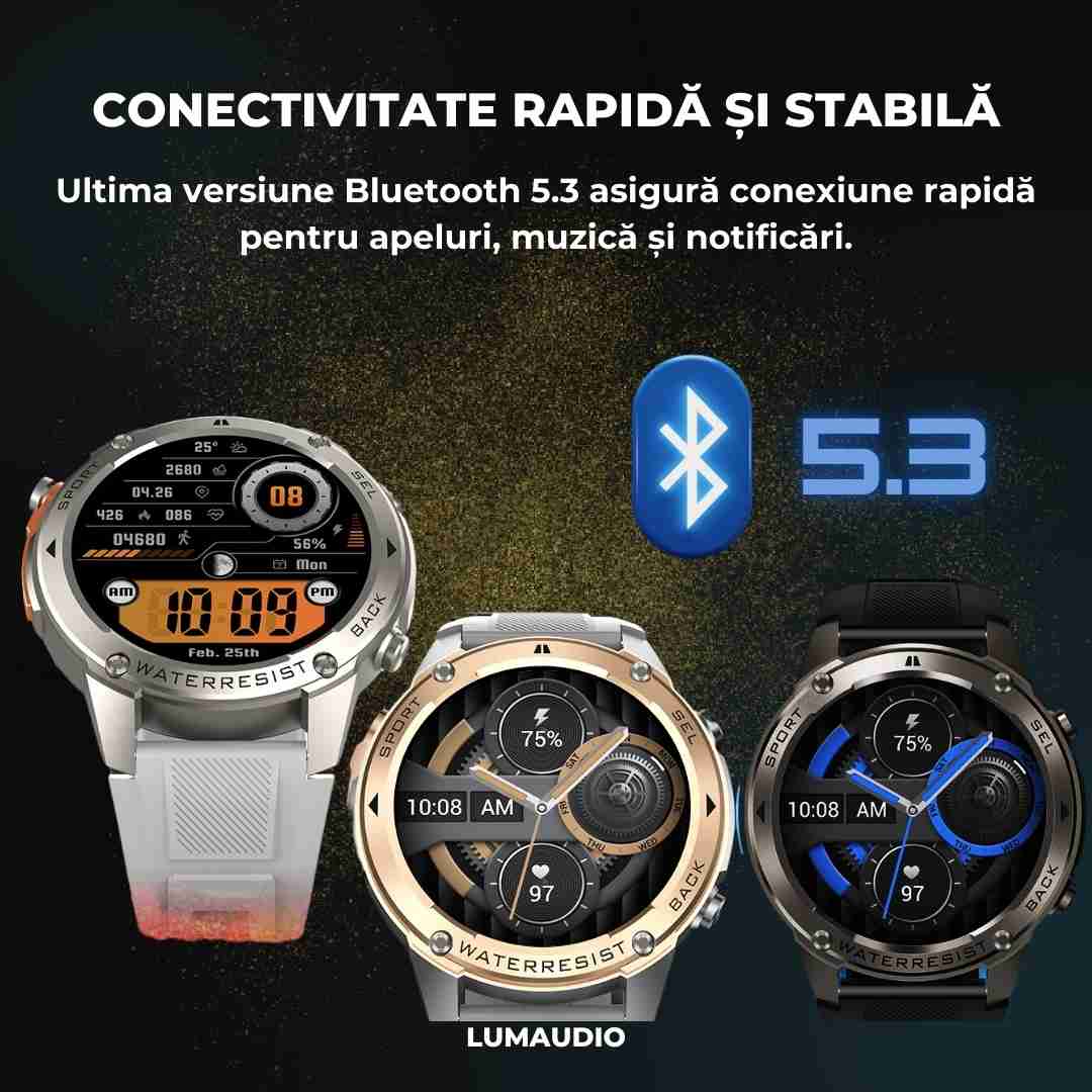Ceas Smartwatch barbati LUMAUDiO® Tank, Rezistent la inot, GPS performant, conexiune rapida
