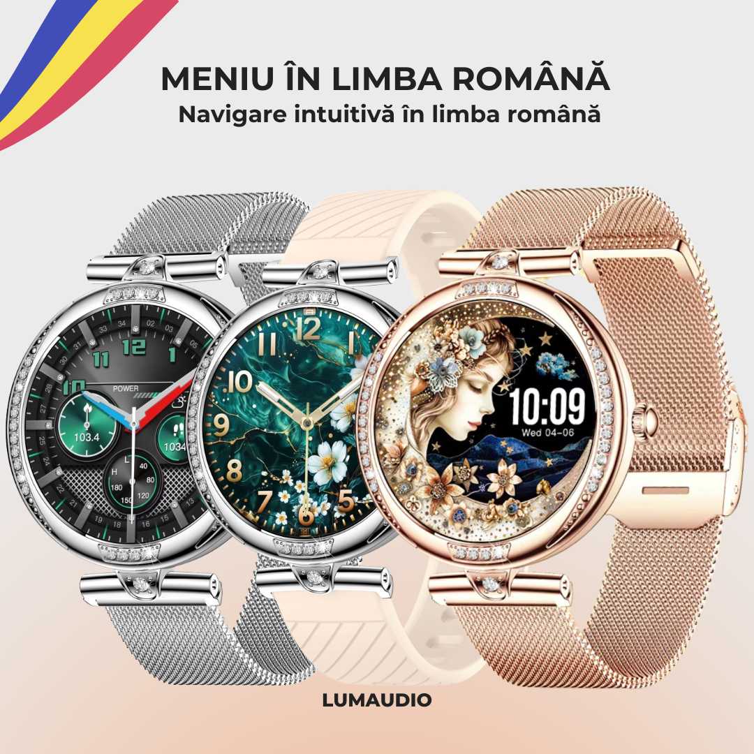 Ceas Smartwatch dama LUMAUDiO® Infinity, autonomie 7 zile, 2 curele, auriu si roz