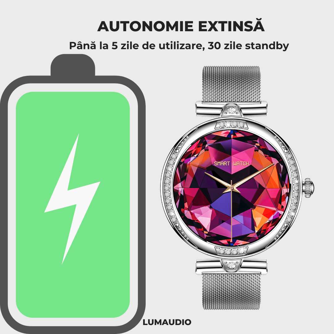Ceas Smartwatch dama LUMAUDiO® Infinity, autonomie 7 zile, 2 curele, auriu si roz