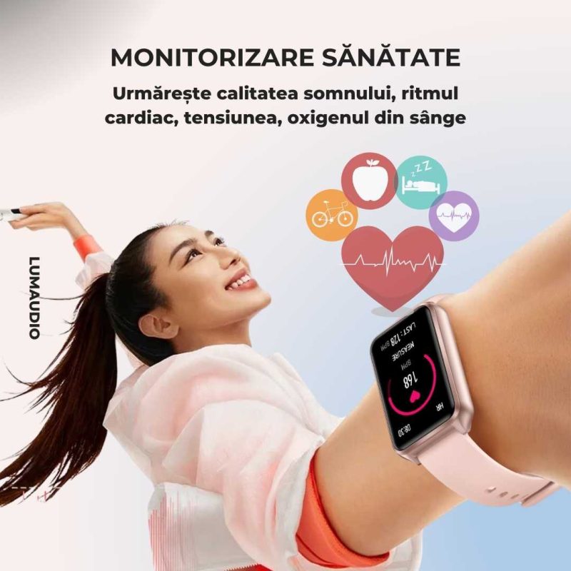 Smartwatch LUMAUDiO® Evora cu Autonomie 7 zile și Notificari retele sociale, 2 curele, monitorizare somn