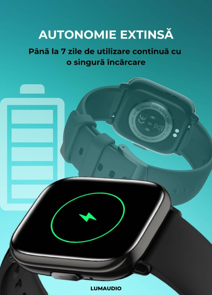 Ceas Smartwatch LUMAUDiO® Quantum cu Autonomie de 7 zile și 2 curele incluse