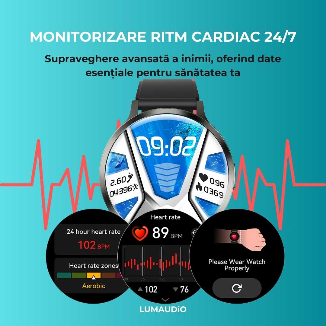 Ceas Smartwatch barbati LUMAUDiO® Dominus cu Autonomie 10 zile și 2 curele incluse, monitorizare ritm cardiac