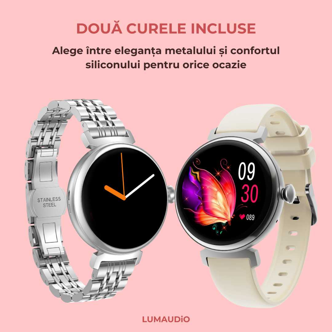Ceas Smartwatch dama LUMAUDiO® LunaFit cu Meniu in limba romana și 2 curele incluse