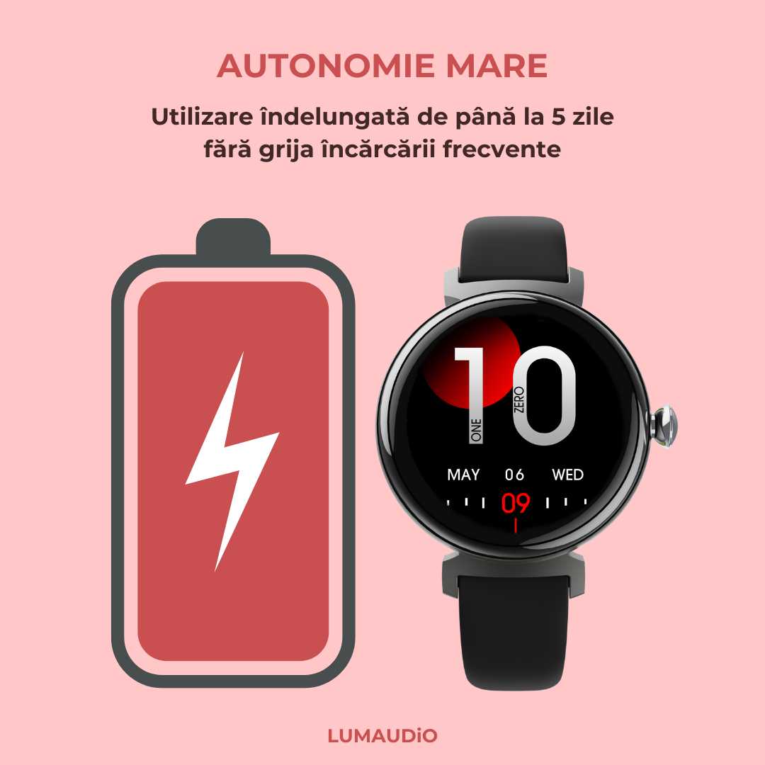 Ceas Smartwatch dama LUMAUDiO® LunaFit cu Meniu in limba romana și 2 curele incluse, autonomie extinsa