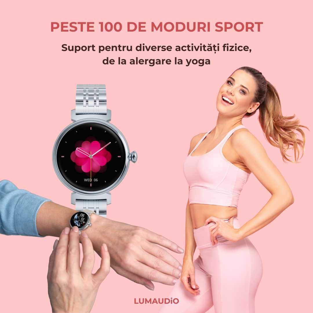 Ceas Smartwatch dama LUMAUDiO® LunaFit cu Meniu in limba romana și 2 curele incluse, multiple moduri sport
